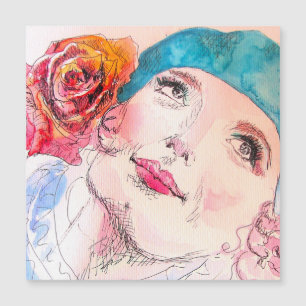 Menina com Cartão Magnético Beret de Rosa vermelha