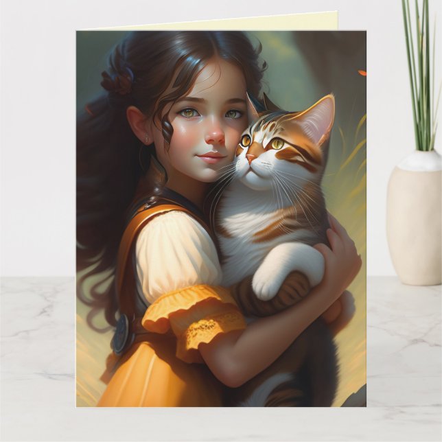 MENINA COM GATOS CARTÕES DE ANIVERSÁRIO DE ARTE (Frente)