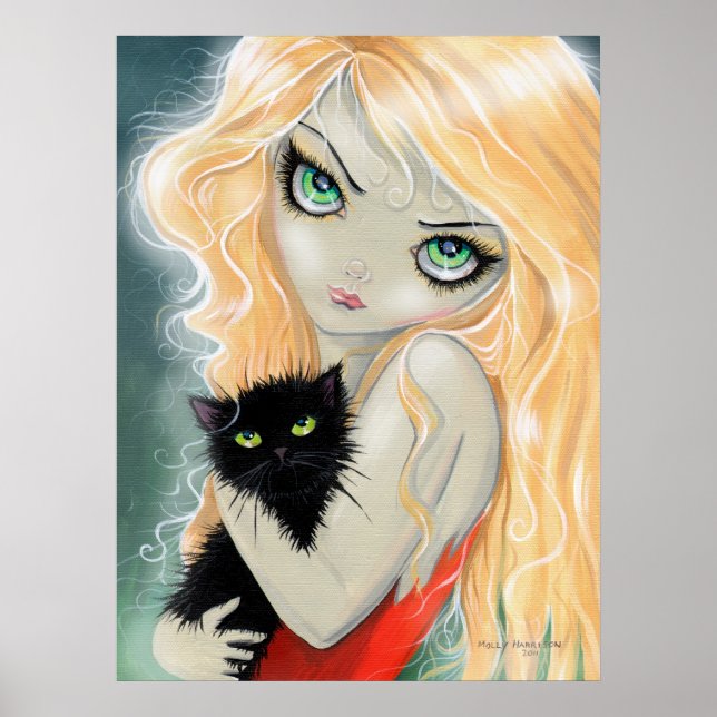 Menina com impressão de pôster de gato preto (Frente)