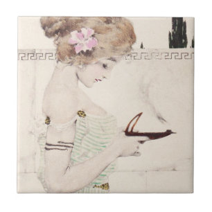 Menina com o azulejo de Nouveau da arte da lâmpad