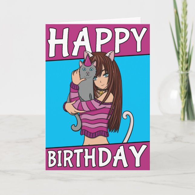 Menina De Animação Bonita Com Cartão De Aniversári (Frente)
