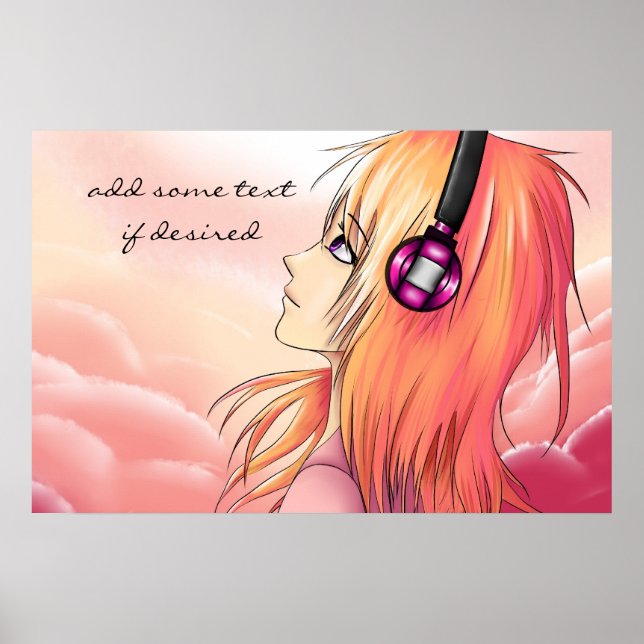 Menina de anime bonito ouvindo poster de música (Frente)