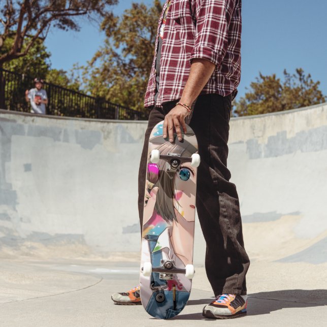 Garota de anime sentada em um skate em um conjunto de escadas