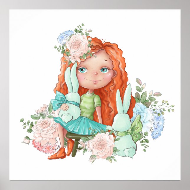 Menina de Cabelo Vermelho com Coelhos Poster de Fl (Frente)
