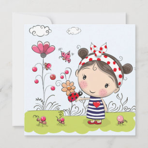 Menina de Cartoon Bonita com Ladybug na Cena de Ja