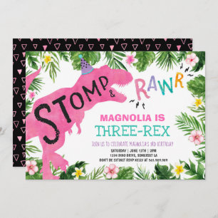 Menina Dino do convite do aniversário de Three-Rex