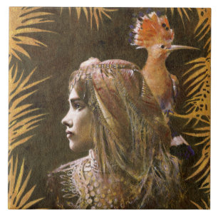 Menina do vintage e azulejo decorativos do pássaro