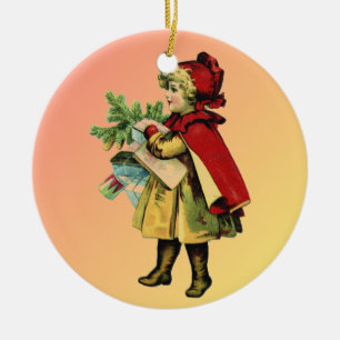 Menina do vintage em enfeites de natal do cabo e