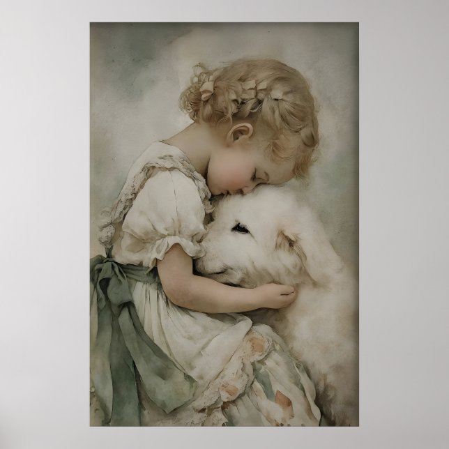 Menina e Cachorro Impressão Antiga, Verde Sage Rús (Frente)