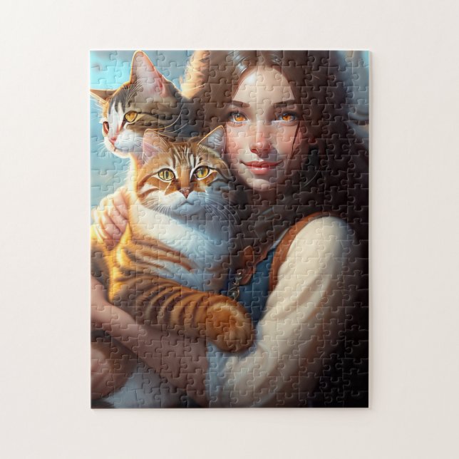 MENINA E GATOS ARTE QUEBRA-CABEÇA DE PEÇAS (Vertical)