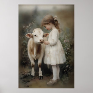 Menina e Vaca Impressão Antiga Casa de Fazenda Cot