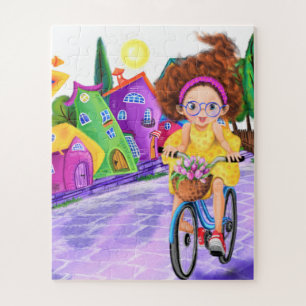 Menina Em Uma Pintura De Quebra-cabeça De Biciclet