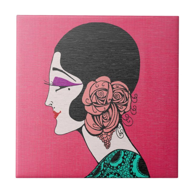 Menina Flapper Art Déco com Azulejo de Cerâmica de (Frente)
