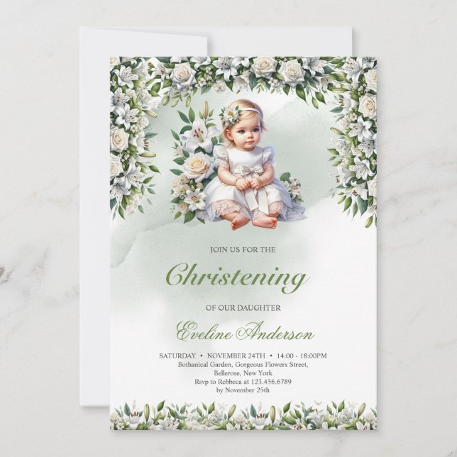 Menina floral moderna Convite Christening (Frente)