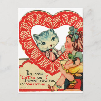 Menina & Gatinho Cartão Postal Vintage do Dia dos