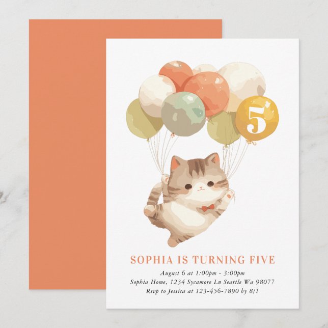 Menina Gato Convites de Aniversário (Frente/Verso)