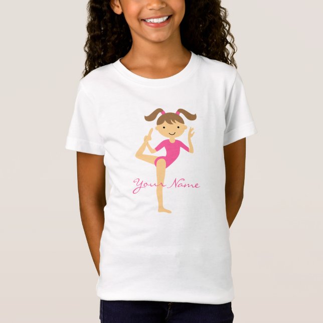 Menina Ginástica com camiseta de cabelo castanho (Frente)
