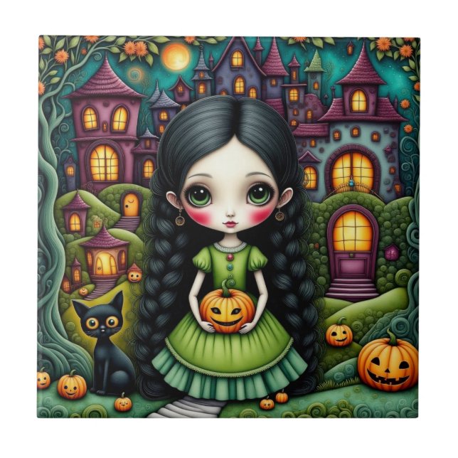 Menina Gótica Fofa Abóbora Vila Halloween (Frente)