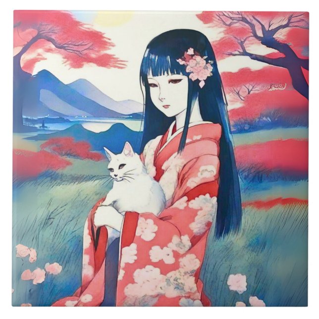 Menina Japonesa com um Gato Branco (Frente)