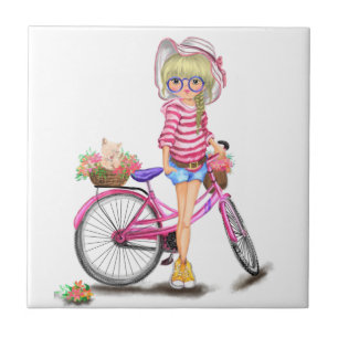 Menina Loira Azulejo Bicicleta Rosa