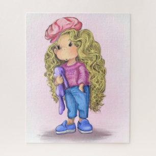 Menina loira com Quebra-cabeça de Brinquedo coelho