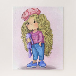 Menina loira com Quebra-cabeça de Brinquedo coelho