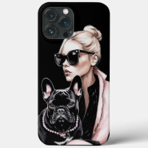 Menina loira de óculos escuros, cachorro-preto fra