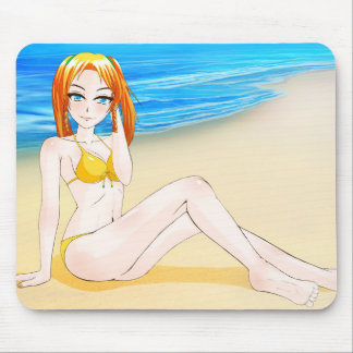 Menina loura do Anime na praia Mousepad