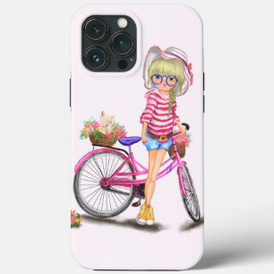 Menina Loura-Gira com Bicicleta Rosa e Flores de G