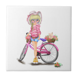 Menina Loura-Gira com Bicicleta Rosa e Gato nas Fl