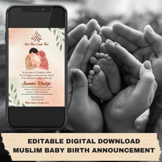 Menina Muçulmana Anúncio de Nascimento Novo Pai (EDITABLE DIGITAL DOWNLOAD MUSLIM BABY BIRTH ANNOUNCEMENT
Muslim Baby Girl Birth Announcement New Pa)