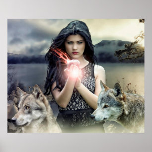 Menina Mystical com bola de fogo e poster dos
