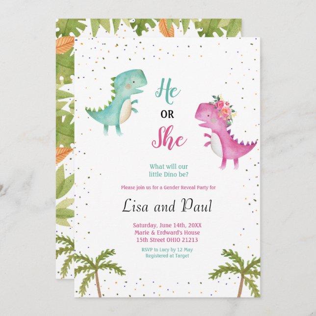 Menina ou Menino Dinossauro Revela Convite (Frente/Verso)