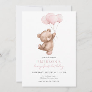 Menina Rosa Beary Primeiro Convite de Aniversário