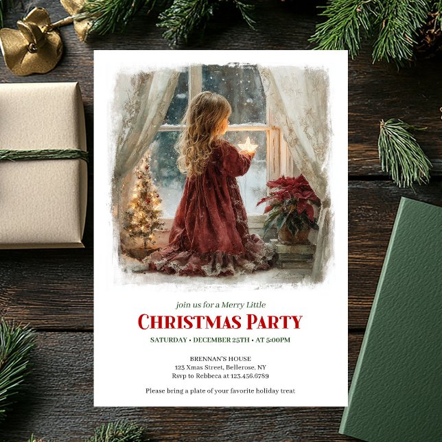 Menina sonhadora aguarda convite de férias imprimí (Dreamy girl awaits Santa printable holiday invitation)
