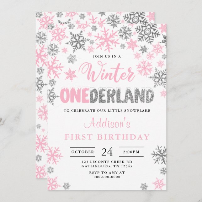 Menina Winter Onederland Primeiro Convite de Anive (Frente/Verso)