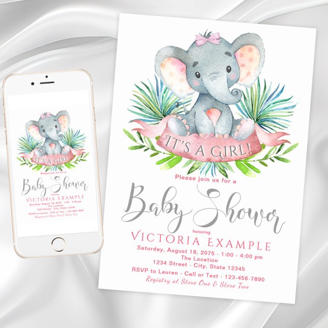 Meninas Bebê Elefante Bebês Convites (Girl elephant baby shower invitation with adorable baby elephant with bow. Digital and printed.)