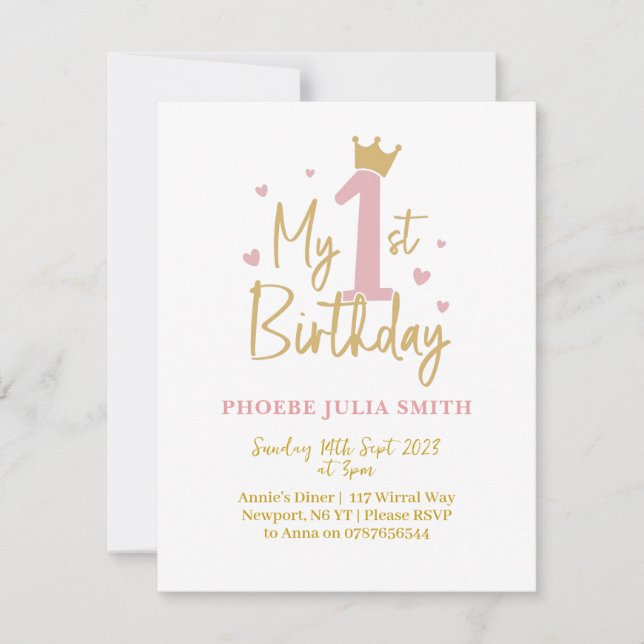 Meninas Bebês, primeiro aniversario Rosa, Convite (Frente)