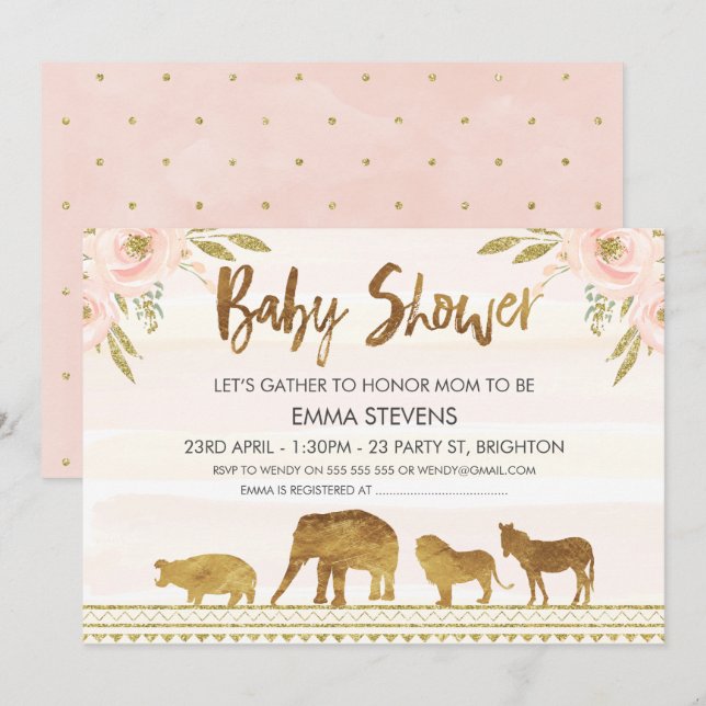 Meninas Douradas Safari Animais Convite Para Chá d (Frente/Verso)