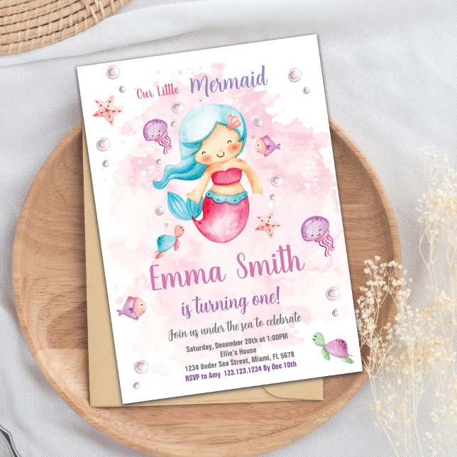 Meninas editáveis sob o cartão de festas do mar co (Pink Cloud Mermaid Birthday Invitation)