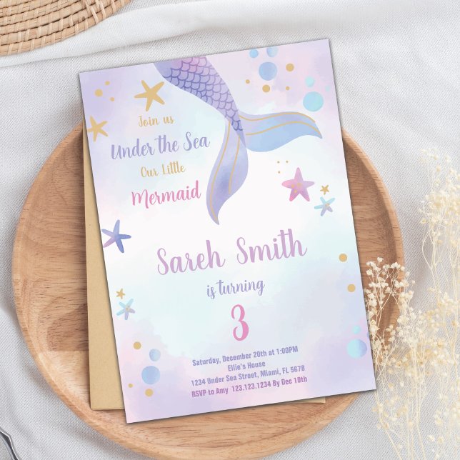 Meninas editáveis sob o cartão de festas marítimas (Purple Pink Mermaid Birthday Invitation)