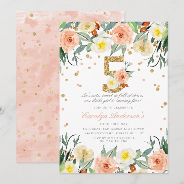 Meninas Florais Elegantes 5 Convites de Aniversári (Frente/Verso)