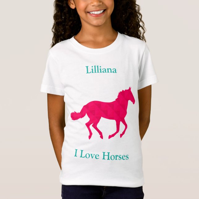 Meninas "I Love Horses" Camiseta Rosa Cavalo (Frente)