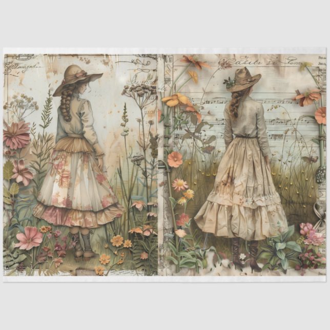 Meninas No Papel Tecido De Decoupage De Jardim (Frente )