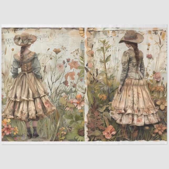 Meninas No Papel Tecido De Decoupage De Jardim (Frente )