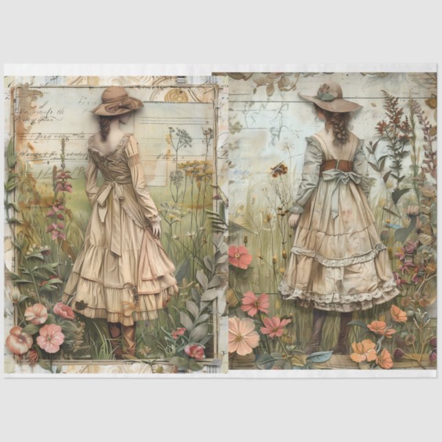 Meninas No Papel Tecido De Decoupage De Jardim (Frente )