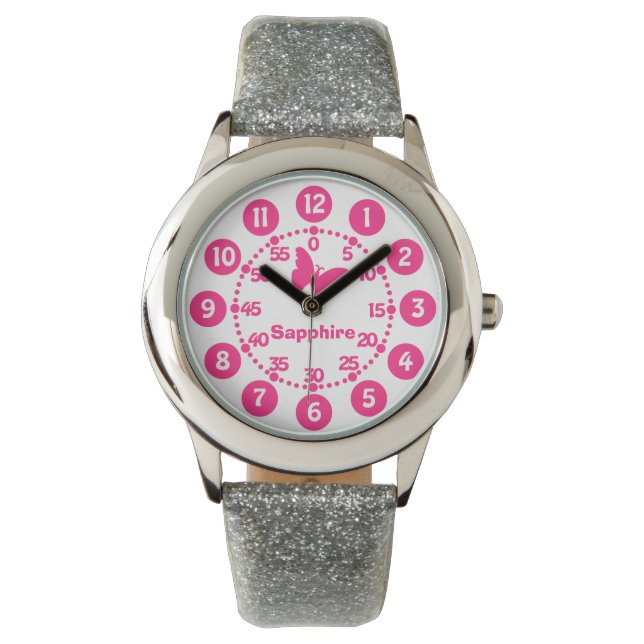 Meninas rosa e branco adicionam seu nome, relógio  (Frente)