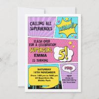 Meninas Rosa Super Herói 5 Convite de Aniversário