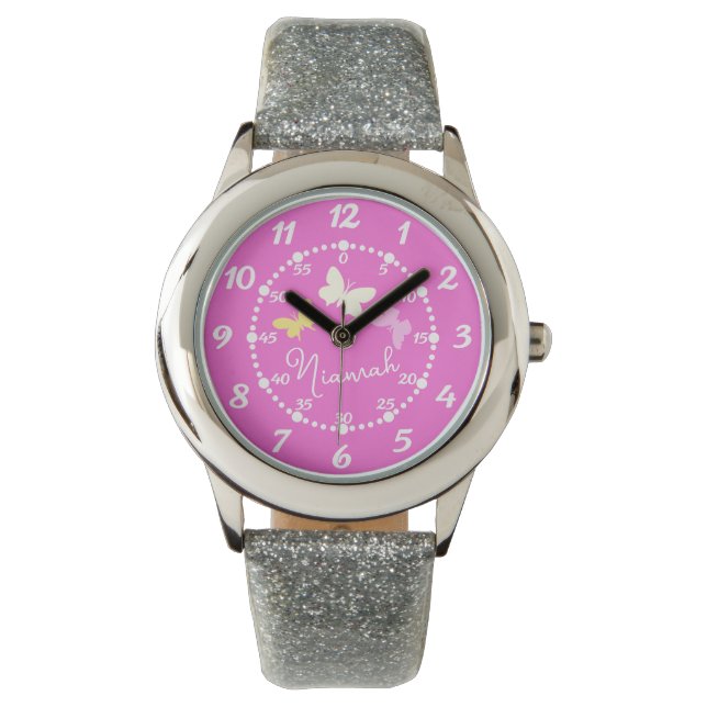 Meninas rosa três borboletas e relógio de nome (Frente)