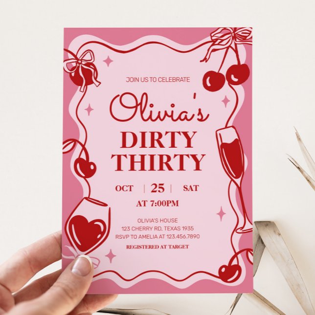 Meninas Sujas Trinta e Passado Convite (Hand Drawn Cherry Dirty Thirty Birthday Party Invitation)
